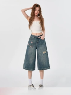 破洞阔腿七分牛仔短裤女夏季美式复古小狗刺绣宽松直筒短裤女