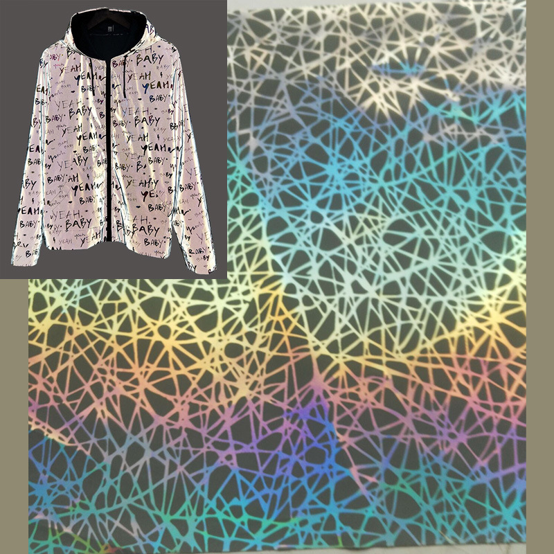 工厂批发镭射烫金鸟巢印花210t涤纶布表演服饰高亮反光面料反光布