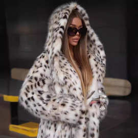 豹纹连帽仿皮草外套狐狸毛长款大衣托卡羊毛保暖冬装貂绒女风衣