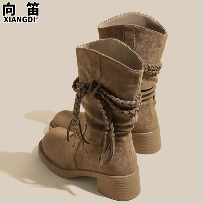 羊皮版复古流苏粗跟骑士靴女废土风西部牛仔靴不过膝长靴瘦瘦靴子|undefined