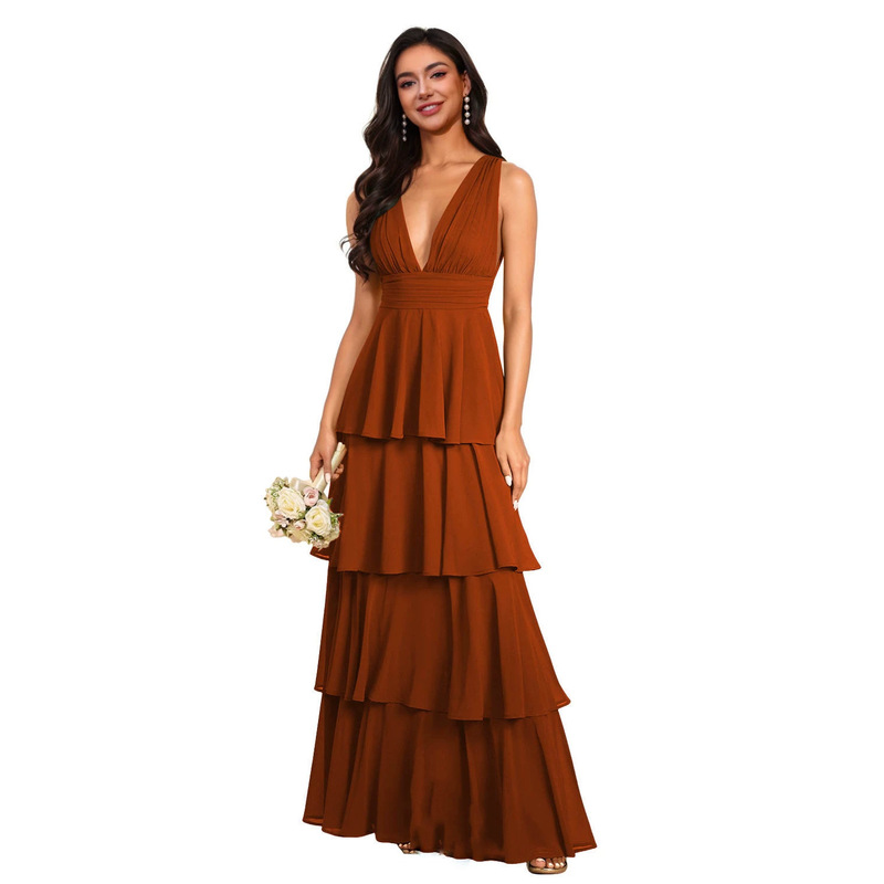 New evening dress with V-neck and layered design, long bridesmaid dress with ruffles, chiffon formal party and banquet gown for women New evening dress with V-neck and layered design, long bridesmaid dress with ruffles, chiffon formal party and banquet gown for women