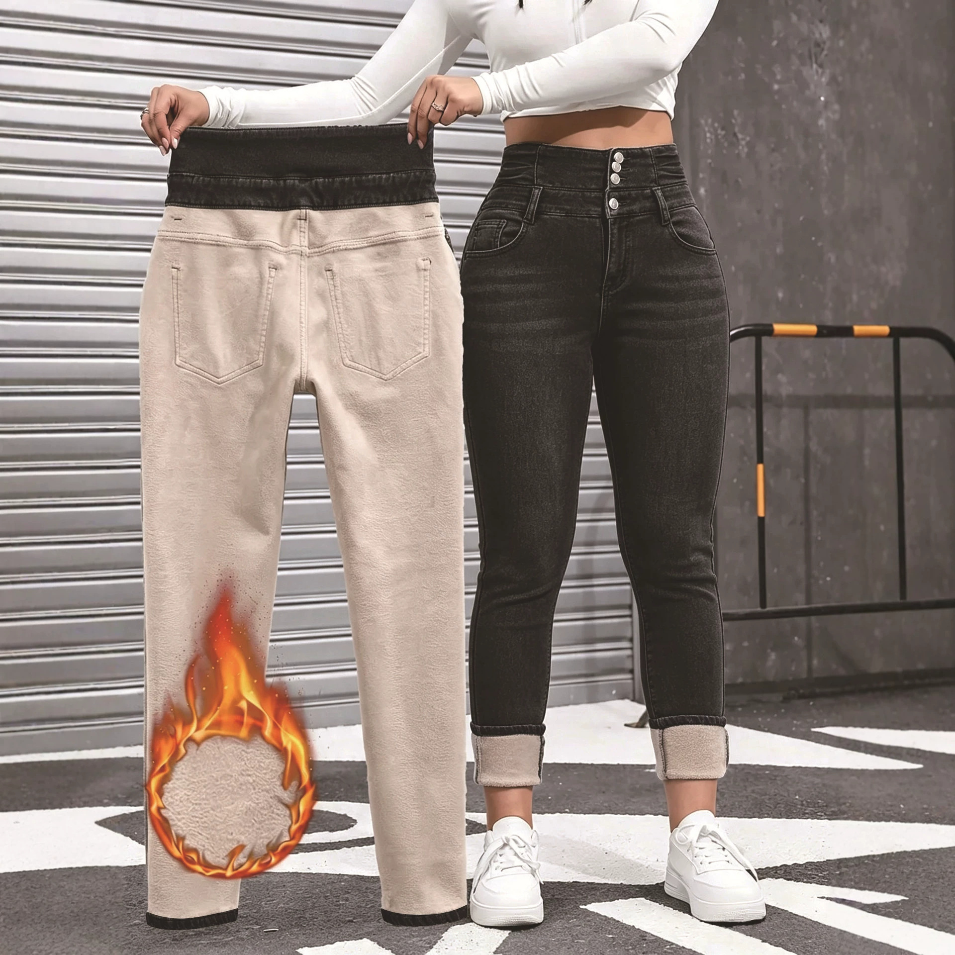 In stock TIKTOK winter best-selling women's slim-fit high-waisted stretchy fleece-lined jeans, foreign trade warm casual pants