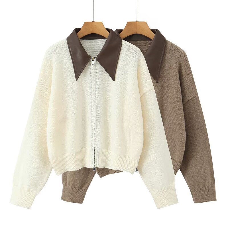 Cross-Border Foreign Trade Women's Clothing 2025 Autumn European and American Style Patchwork Pu Collar Knitted Cardigan Jacket for Women C525127 Cross-Border Foreign Trade Women's Clothing 2025 Autumn European and American Style Patchwork Pu Collar Knitted Cardigan Jacket for Women C525127
