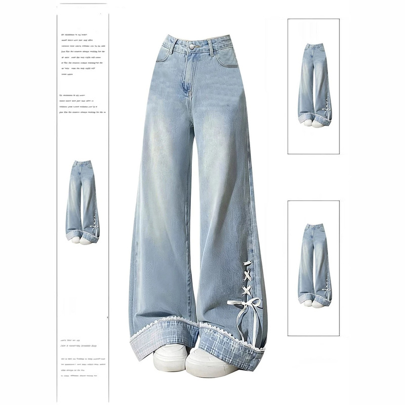 Trendy Women's Jeans with Straps, 2026 New Style, Sweet Bowknot, Unique Personality, Hot Girl Style, Cuffed Straight Wide-Leg Pants