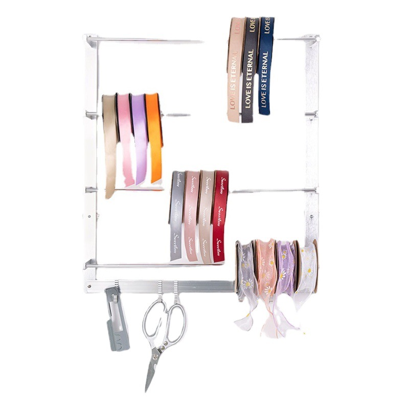 En stock pergamino al por mayor de la cinta floral montado en la pared de hierro estante de almacenamiento de rack estante de la cinta de la flor para la tienda de flores