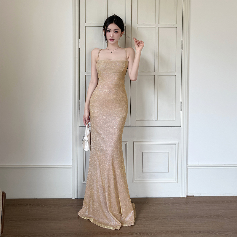 Ilya Sexy Backless Strap Fishtail Evening Dress for Women, Autumn Hot Girl Bodycon Spaghetti Strap Dress Yj24383