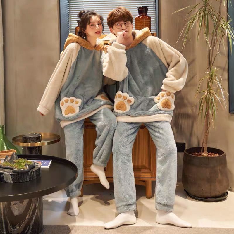 YI ROU QING 가을과 겨울 남자와 여자를위한 두꺼운 플란넬 커플 잠옷 따뜻한 산호 양털 겨울 홈 옷