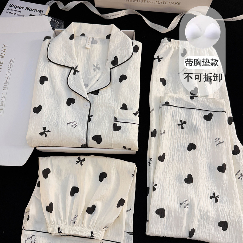 Women's summer short-sleeve three-piece home wear set with chest pads, heart-shaped bow, cloud pattern, made of pure cotton gauze, with a high-end feel Women's summer short-sleeve three-piece home wear set with chest pads, heart-shaped bow, cloud pattern, made of pure cotton gauze, with a high-end feel