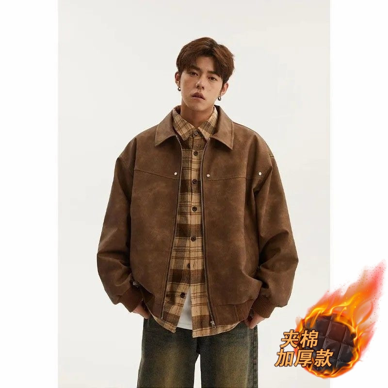 Cross-border American retro lapel leather jacket for men and women, autumn and winter, versatile loose fit, distressed style, couple jacket, 100 leather jacket machine