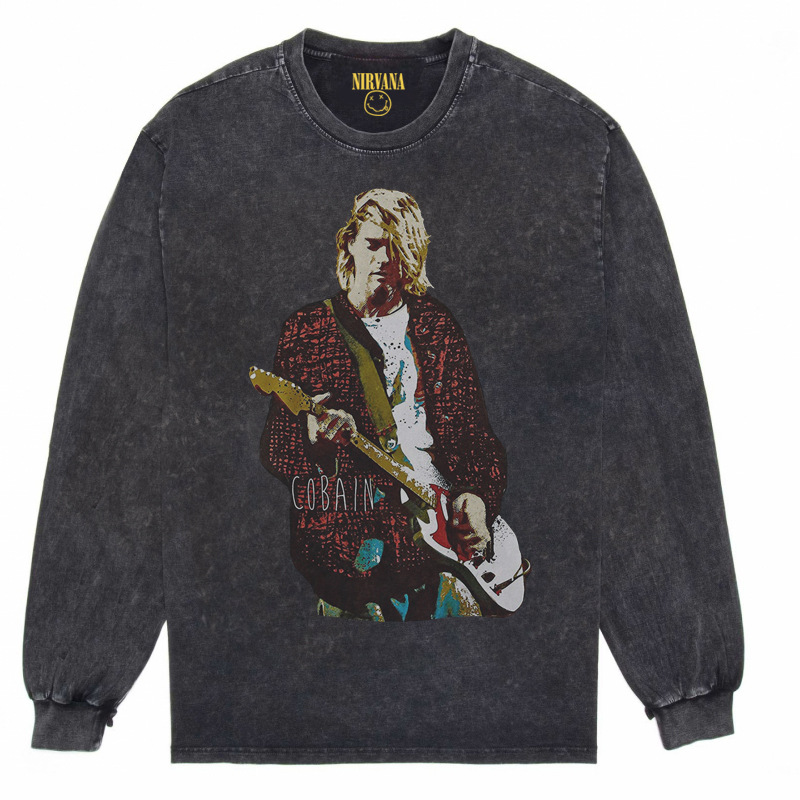 Nirvana Vintage American retro apenado rock punk angustiado lavado batik Camiseta de manga larga