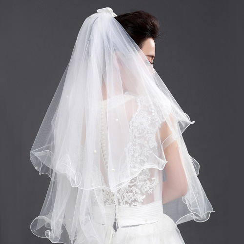 Bride with loose hair, double-layered pearl ribbon bow veil, curly edge, internet celebrity photo-taking headgear, children's luminous veil