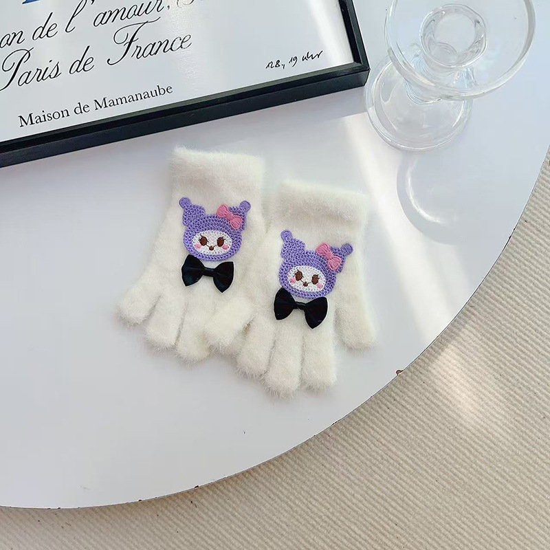 Guantes para niños otoño y invierno caliente corbata de dibujos animados galería de arroz dedo de las niñas guantes de punto de lana pelusa gruesa