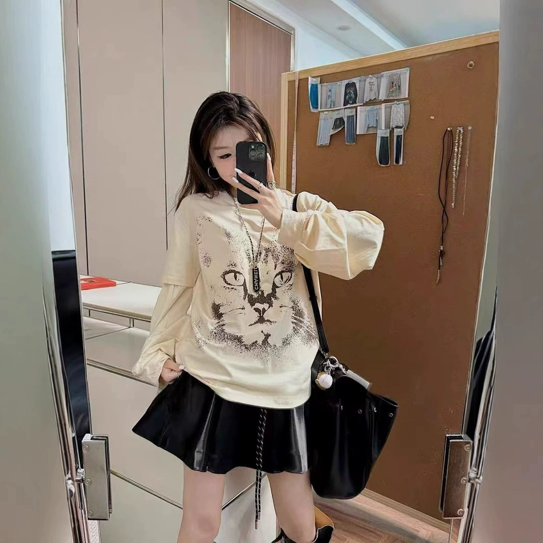 Спот OPEN YY 24 осенний новый кошачий с круглым вырезом с длинными рукавами поддельные две части футболки против прилива