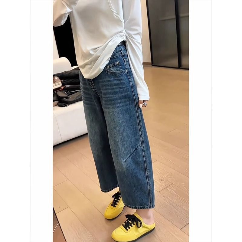 여성을 위한 패셔너블한 쁘띠 9부 세이버 청바지 2025 봄 여름 새로운 스타일의 슬림 레트로 캐주얼 와이드 팬츠