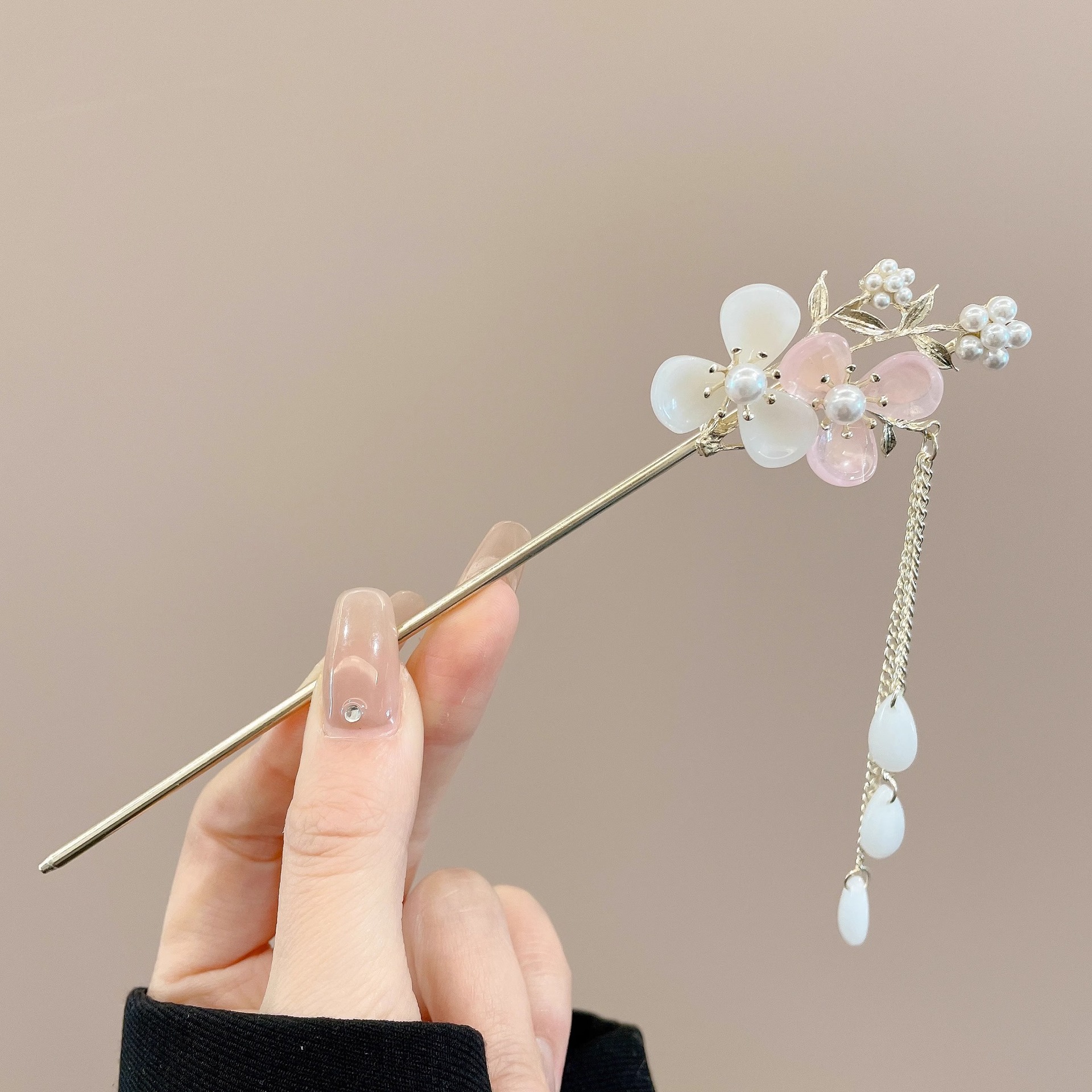 Horquilla de flores con flecos de estilo antiguo, temperamento femenino de alto nivel, escalón, horquilla de Hanfu, horquilla de cabello en la parte posterior de la cabeza, tocado de horquilla