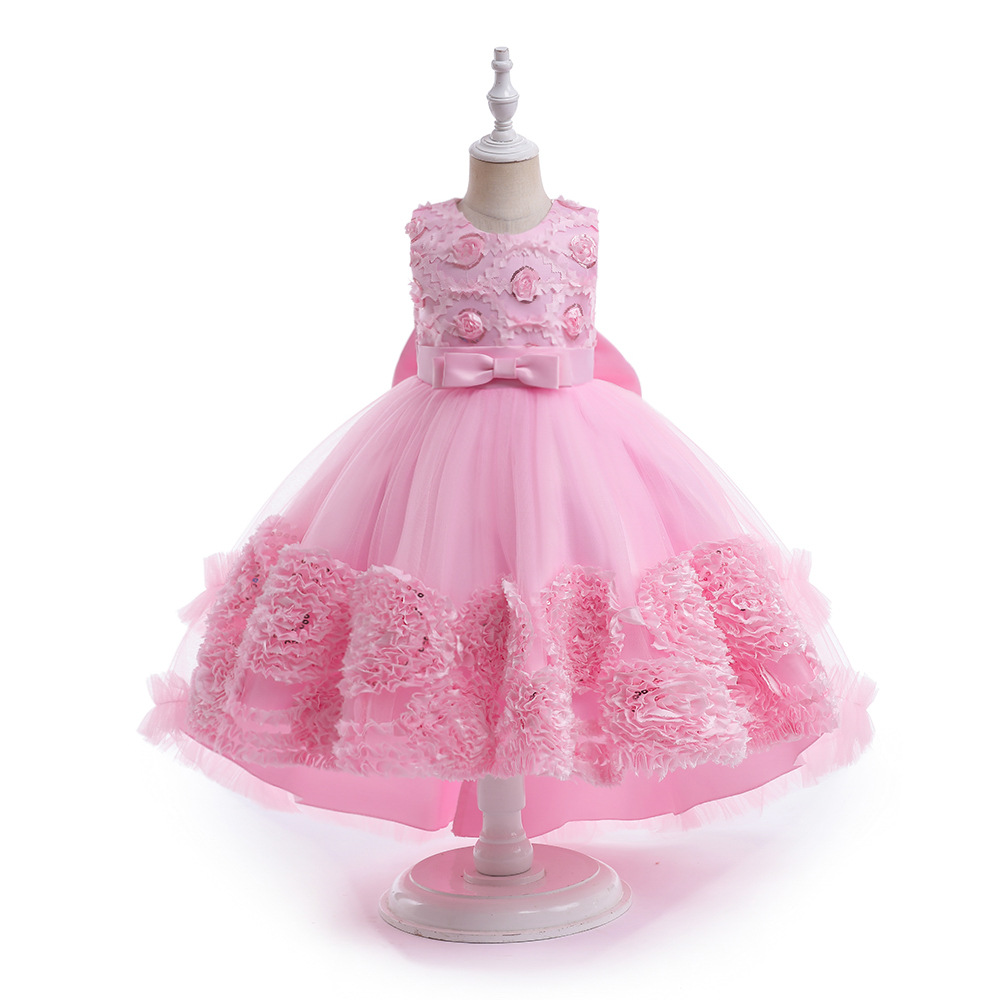 Ropa de actuación de piano para niños flor mullida flor de niña vestido de novia elegante pequeño modelo pasarela espectáculo vestido de niña