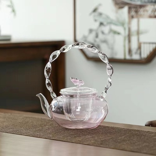 Fireside teapot glass pink butterfly button lid flower pot handle thickened heat-resistant office teapot