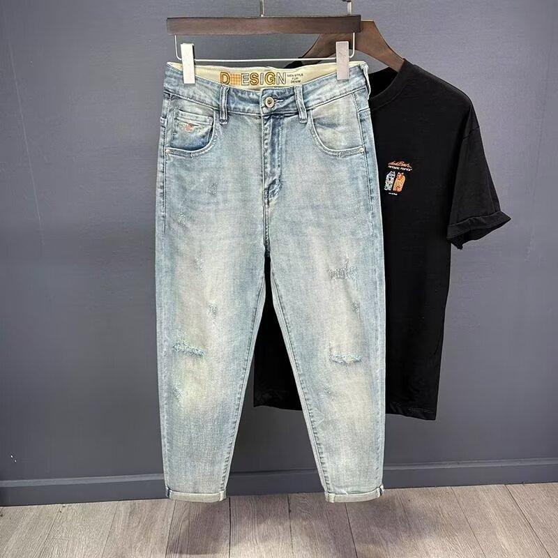 Tapered High-end Cropped Jeans Men's Skinny Pants Vintage light blue Ruffian Handsome Scratched Spring and Summer Thin Cropped Cropped Pants Handsome