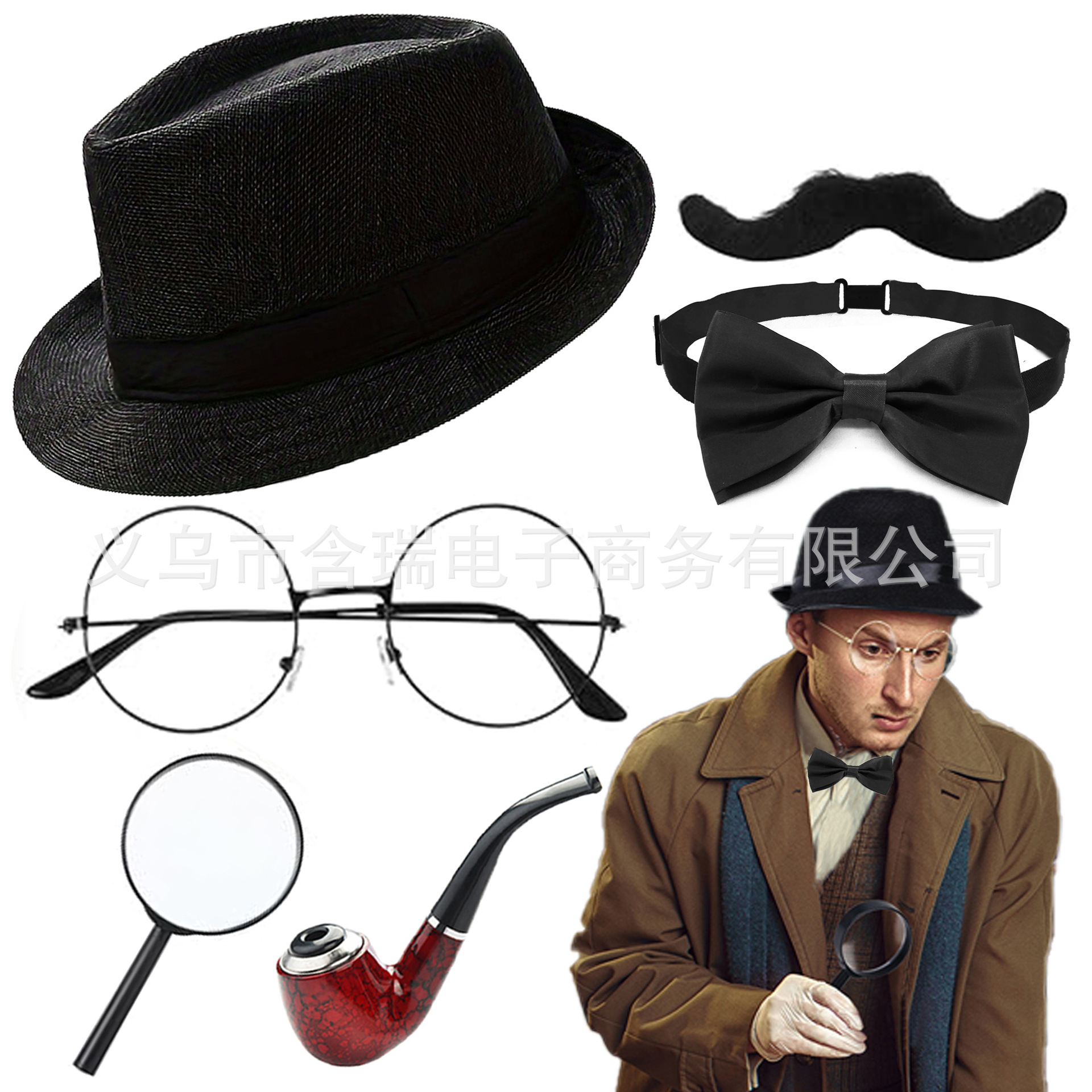 1920S Gentleman's Butterfly Bow Tie Five-Piece Set Retro Style Hat Collar Pipe Elastic Strap Dome Hat