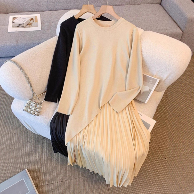 Irregular Patchwork Faux Two-Piece Dress for Women, Spring and Autumn, Plus Size, Stylish Knitted Patchwork Pleated Sweater Dress