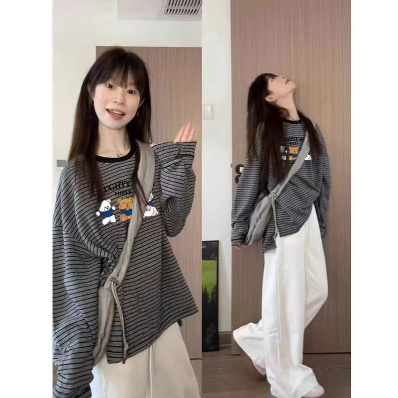 黑色纯棉条纹长袖T恤女秋冬2025新款洋气宽松慵懒风圆领百搭上衣|undefined