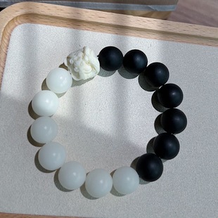 White Jade Bodhi Root Finger-Wrap Soft Bracelet, Black and White Color Scheme, Chinese Style Lion Awakening Couple Single Circle Yin and Yang Bracelet, Prayer Beads