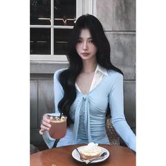 扭结设计感绑带拼接翻领上衣搭配鱼尾半身裙两件套女夏季