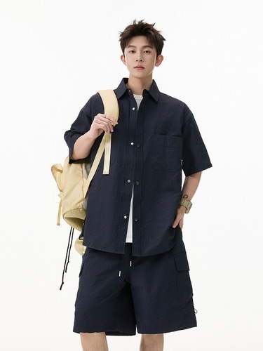 Relaxed Fit Workwear Short Sleeve Shirt Set Men 2025 Summer Loose Casual Collar Shirt Two-Piece Set Sports Sun Protection Top