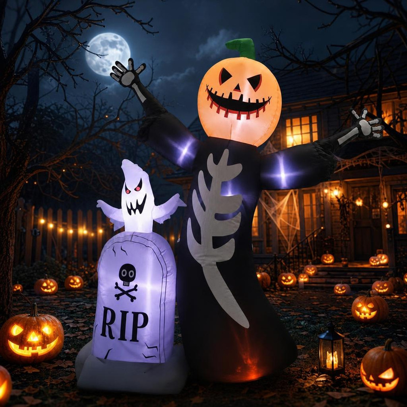 2.4m Colorful Light-Up and Sound-Enabled Pumpkin, Skeleton, Ghost, and Tombstone Set for Outdoor Yard Decoration Halloween Inflatable Model