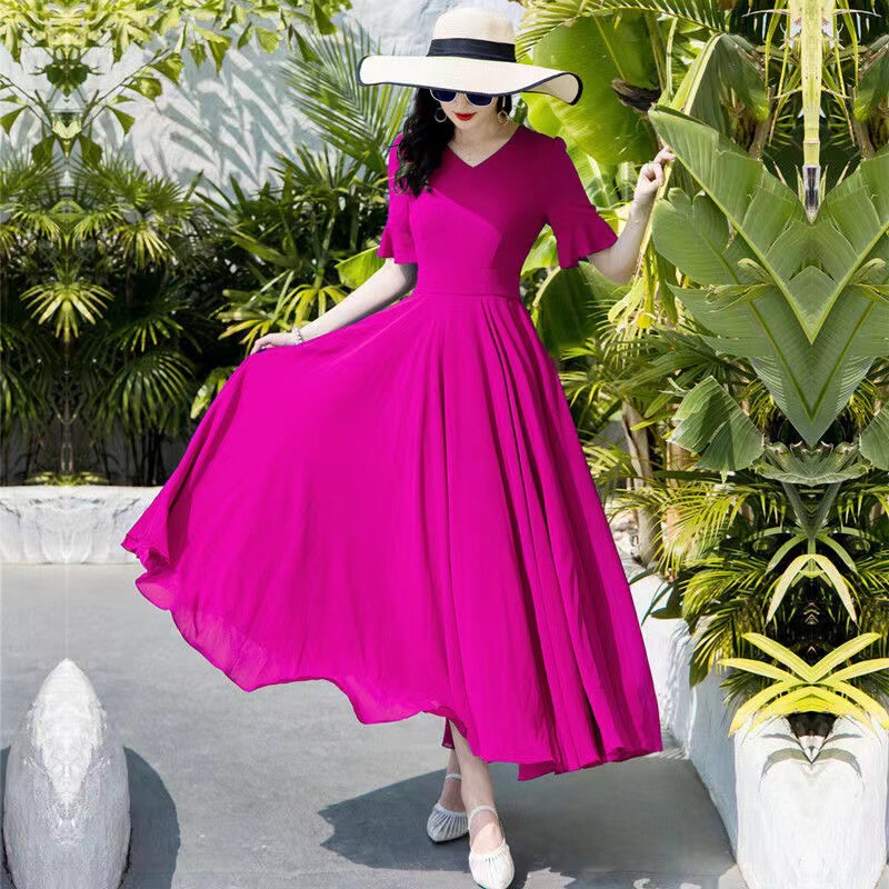 2026 New Summer Beach Long Dress Red Chiffon Dress for Women Long Flared Slimming Ultra-Long Skirt Fairy Style 2026 New Summer Beach Long Dress Red Chiffon Dress for Women Long Flared Slimming Ultra-Long Skirt Fairy Style