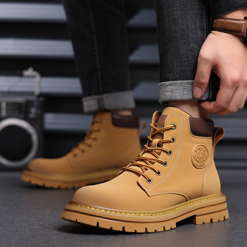 Gelbe Männer im Herbst, Arbeitsstiefel für Paare, Motorrad, Wüstenstiefel, Lederschuhe mit dicken Sohlen, hoch_voghion.com