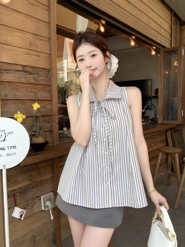 工場供給デザインフレンチハイエンドストライプリボンシャツノースリーブトップ学生スリムベスト女性夏|undefined