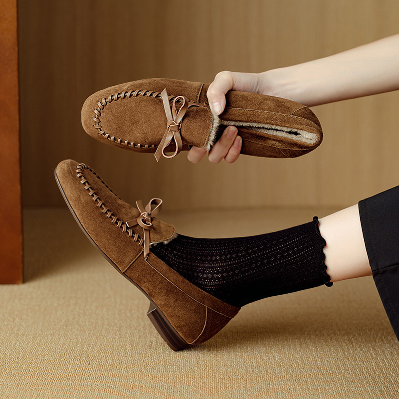 2024 autumn and winter new round bow sheep leather flat shoes fleece-lined cotton shoes casual bean shoes 34-41