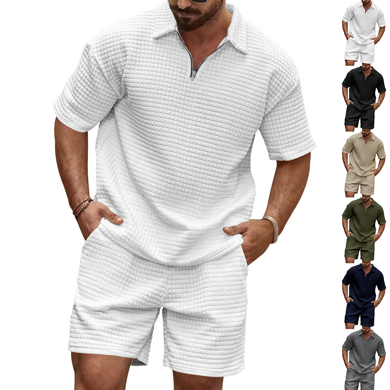 2024 여름 대외 무역 새로운 남성 레저 트렌드 패션 편안한 와플 단색 거북이 스포츠 세트