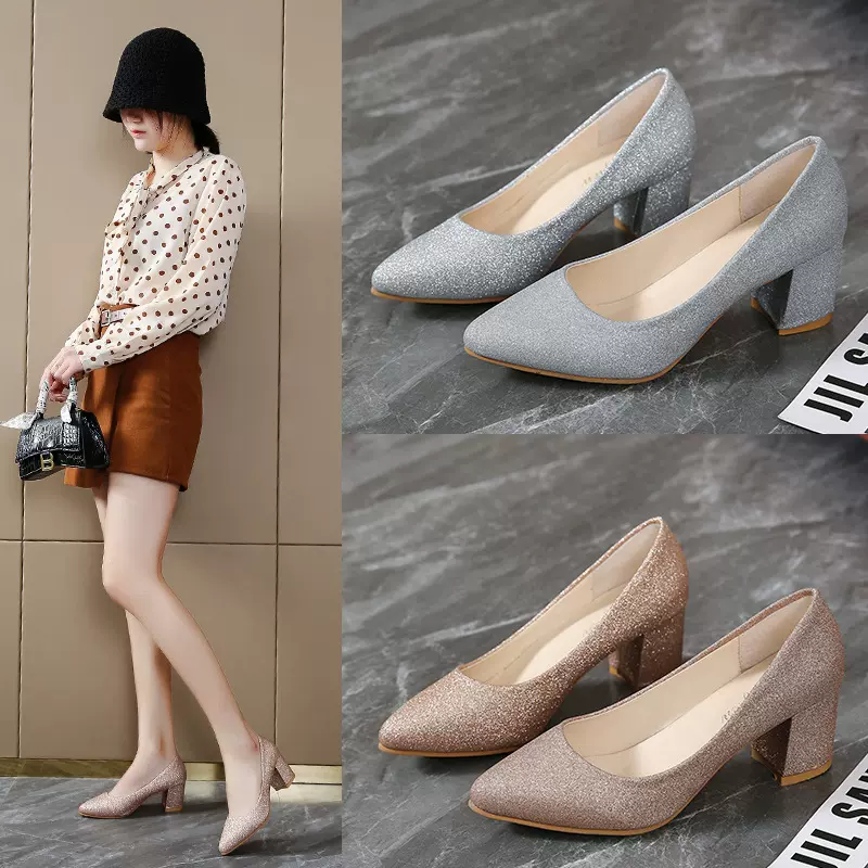 单鞋女2025年夏季尖头亮片时装粗跟高跟鞋女士职业一脚蹬工作单鞋
