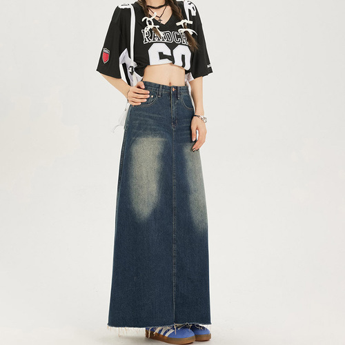2407 Design Style Versatile Denim Skirt Women's Spring Summer Design Style Niche Hemline Mid-length Skirt