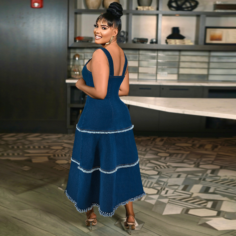 Maxikleid aus Denim in großen Größen mit verstellbaren Spaghettiträgern und schickem Fransenbesatz, A-Linien-Kleid im Boho-Chic-Stil_voghion.com