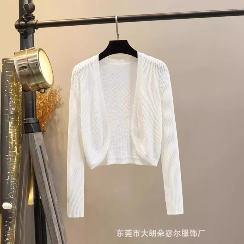 Thin Knitted Sun Protection Cardigan for Women's Summer Outer Wear, Loose Short Ice Silk Long-Sleeved Air-Conditioning Shirt with Shawl Top