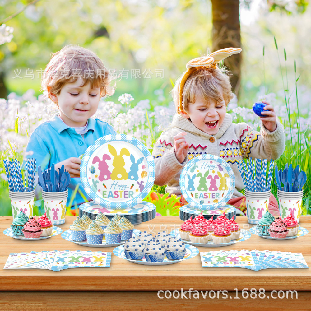 Transfronterizo nuevo conejo de Pascua temático bandeja de papel tazas de papel toallas de mesa desechable set de decoración de cubiertos