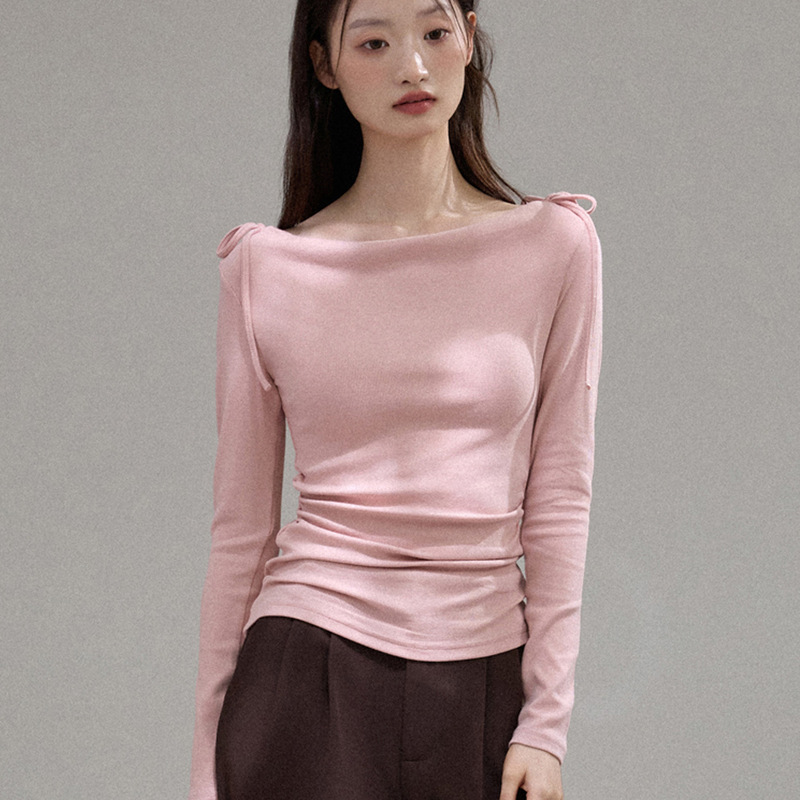 260g Eco-Silk Atmospheric Off-Shoulder Ruffled Waist-Cinching Gentle Style Long-Sleeve T-Shirt for Women in Autumn 260g Eco-Silk Atmospheric Off-Shoulder Ruffled Waist-Cinching Gentle Style Long-Sleeve T-Shirt for Women in Autumn