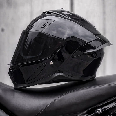 Motosiklet kaskı (dəbilqə) — riding, full-face motorcycle helmet - piano-black-black-tea-mirror-free-transparent-mirror-m55-56cm