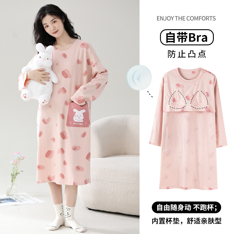 Women's Nightgown with Chest Pads, Pure Cotton, Spring Long-Sleeve Homewear, Rabbit-Themed, Maternity Sleepwear, Women's Model, 2025 New Summer Style