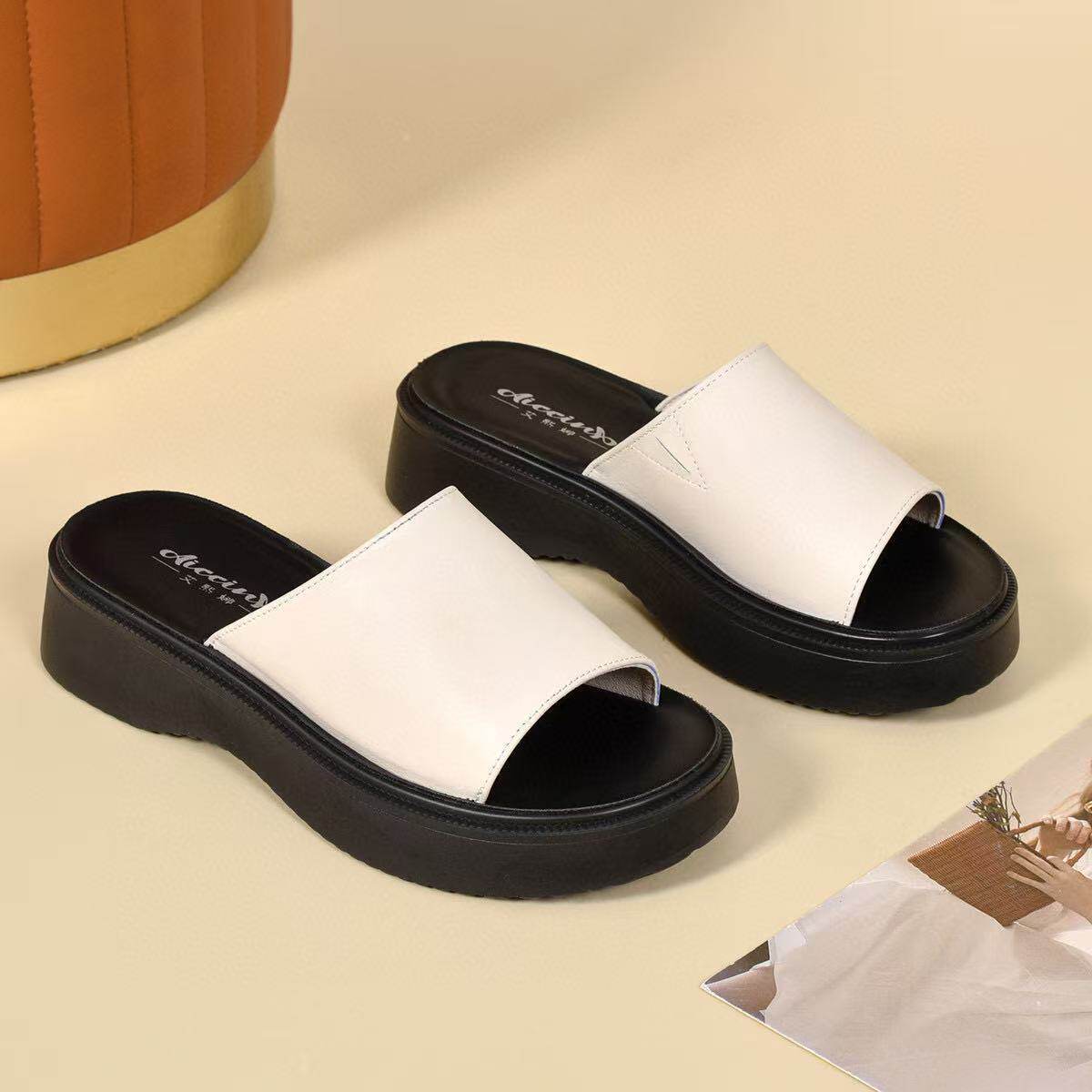 Dép sandal nữ da thật đế dày tăng chiều cao, hở ngón chân, chống trượt, phối đồ đa năng — màu đen chi tiết 8