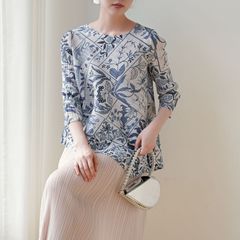 品質2025秋春款三宅高端褶皺經典款印花國風百搭休閒T恤上衣