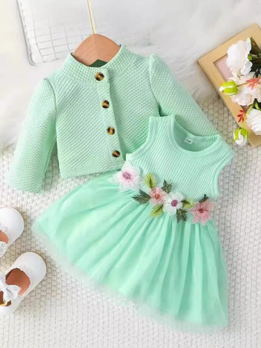 INS Baby Girl Waist Flower Design Splicing Net Fabric Dress Coat with Flower Embroidery
