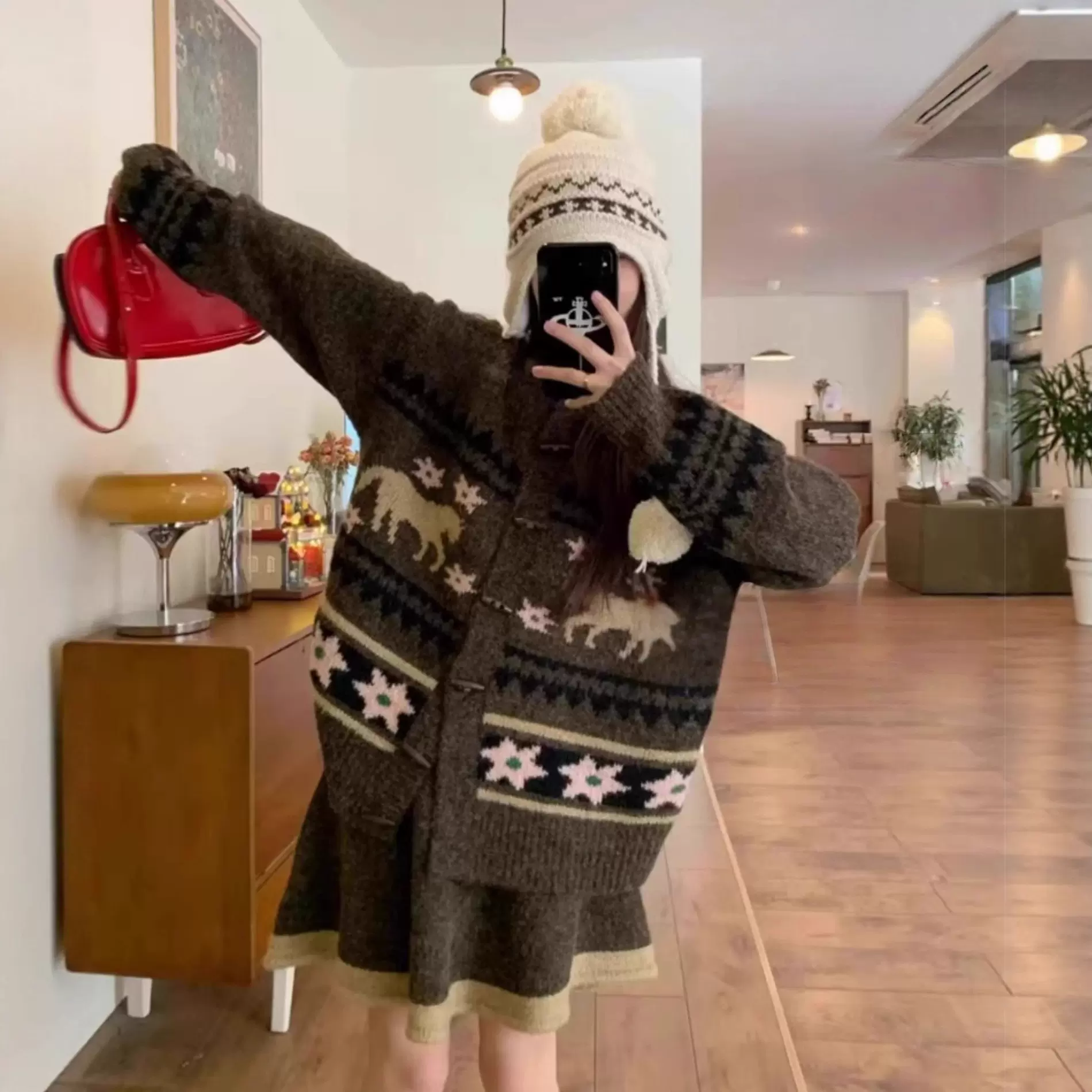 费尔岛复古提花毛衣开衫套装女2025新款秋冬季针织半身短裙两件套