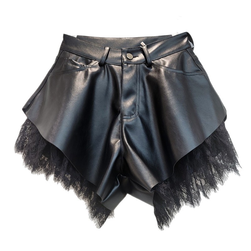 Shorts de Piel PU con Encaje de Pierna Ancha para Mujer