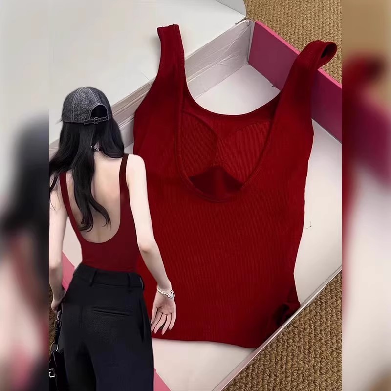 藏青色挂脖吊带带胸垫背心女夏外穿遮副乳露背小上衣美背辣妹穿搭|undefined