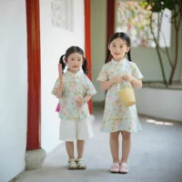 Нишевые темпераментные платья Cheongsam с короткими рукавами детское лето ретро китайский стиль сестры одеваются детские платья из цветов
