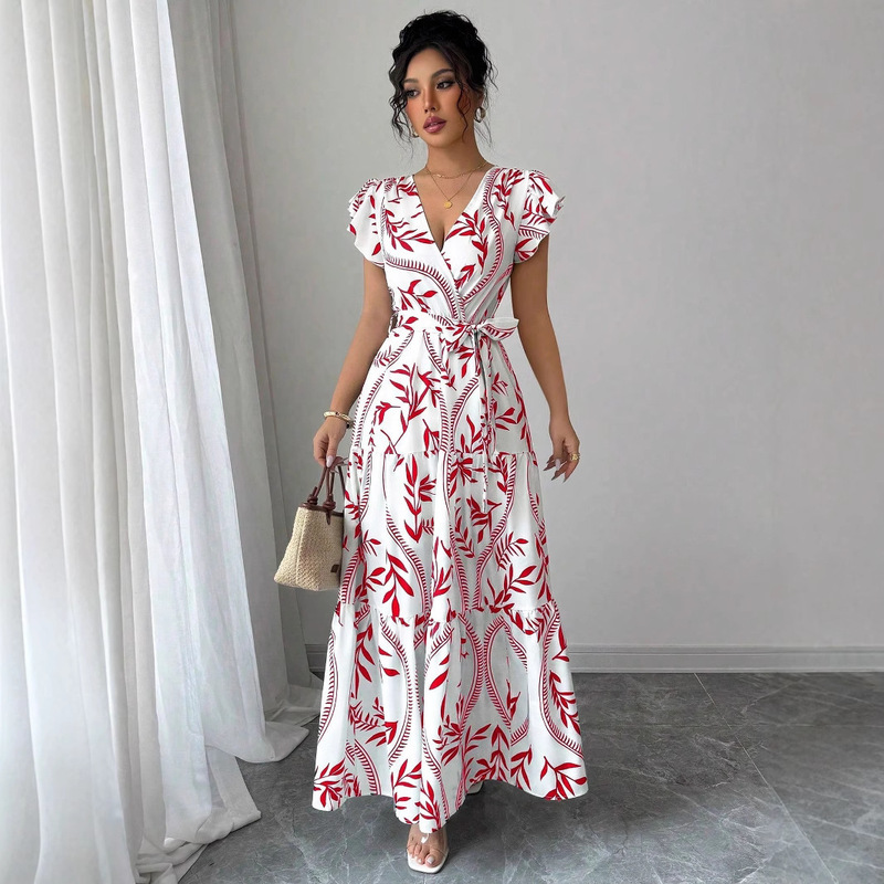 A-Line Skirt with Floral Tie, Beach Hem, Vacation Charming Print, 2025 Party Short-Sleeve Fashion Ruffle Elegant Women